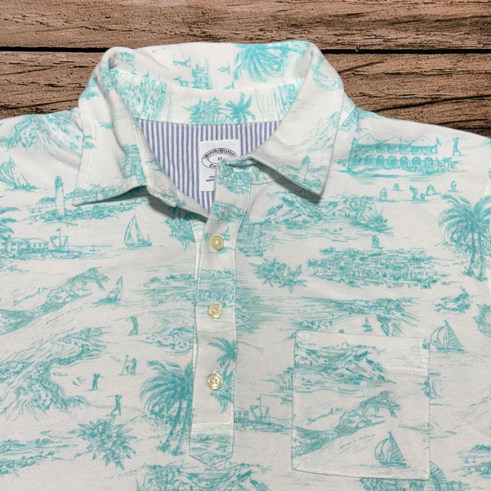 Brooks Brothers Polo Shirt Mens XL White Aqua Bermuda Toile Tropical Cotton
